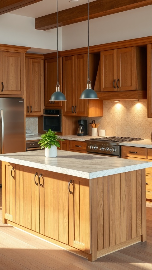 A kitchen featuring a natural stone island with wooden cabinetry and pendant lights