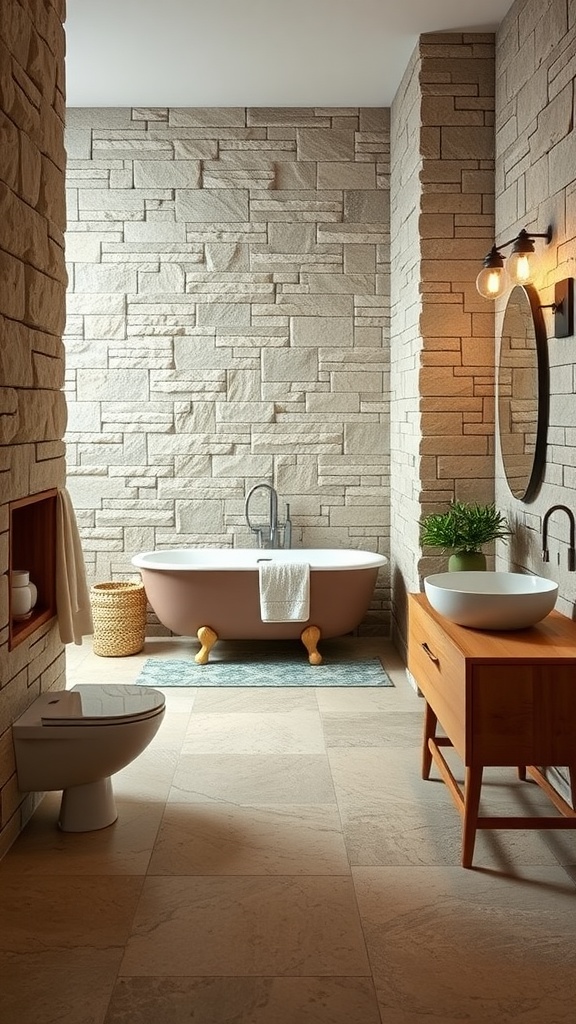 A farmhouse bathroom featuring natural stone walls, a vintage bathtub, wooden furniture, and plants.