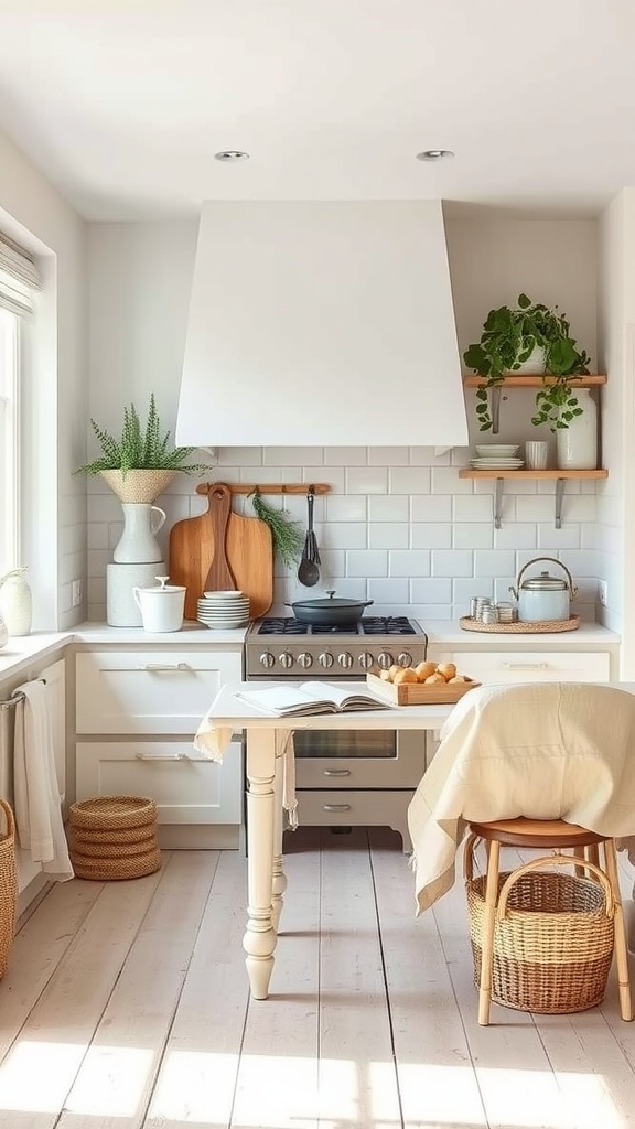 Cozy country farmhouse kitchen with natural textiles and soft color palette
