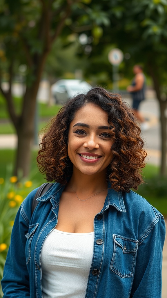 A woman smiling with curly hair wearing a denim jacket outdoors.