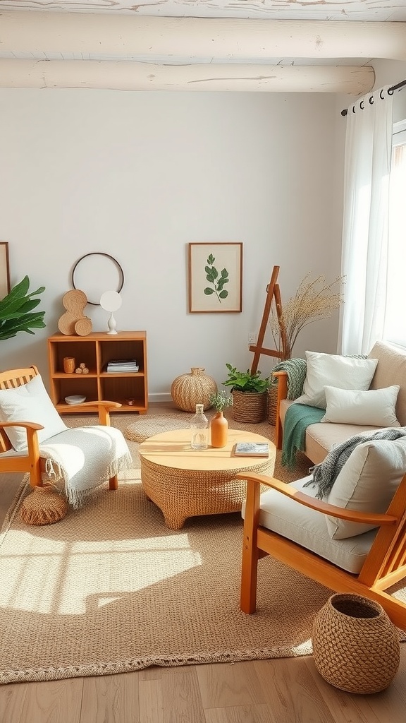 A cozy boho living room featuring wooden furniture, woven accents, and greenery.