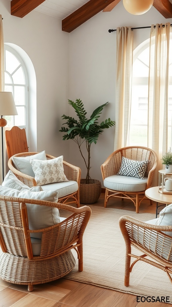 Coastal casual living room with rattan chairs, soft cushions, and natural light