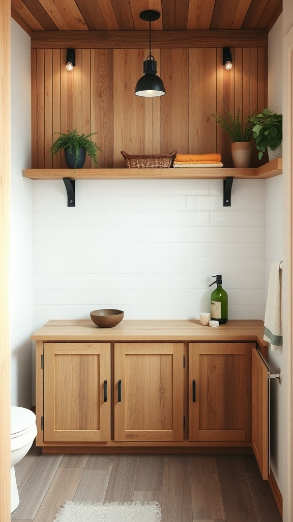 Rustic farmhouse bathroom with natural wood accents, featuring wooden cabinets, shelves, and lighting.