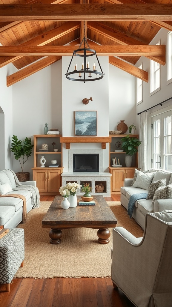 A cozy farmhouse living room with natural wood accents, featuring exposed beams, a rustic coffee table, and large windows.