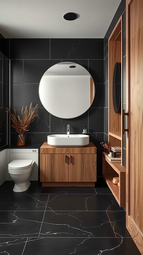 Modern bathroom with black floor tiles and natural wood accents