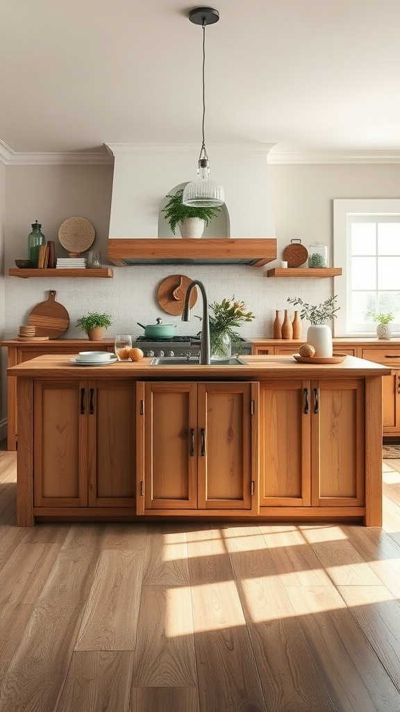 A rustic farmhouse kitchen island with natural wood finishes, showcasing a cozy atmosphere.