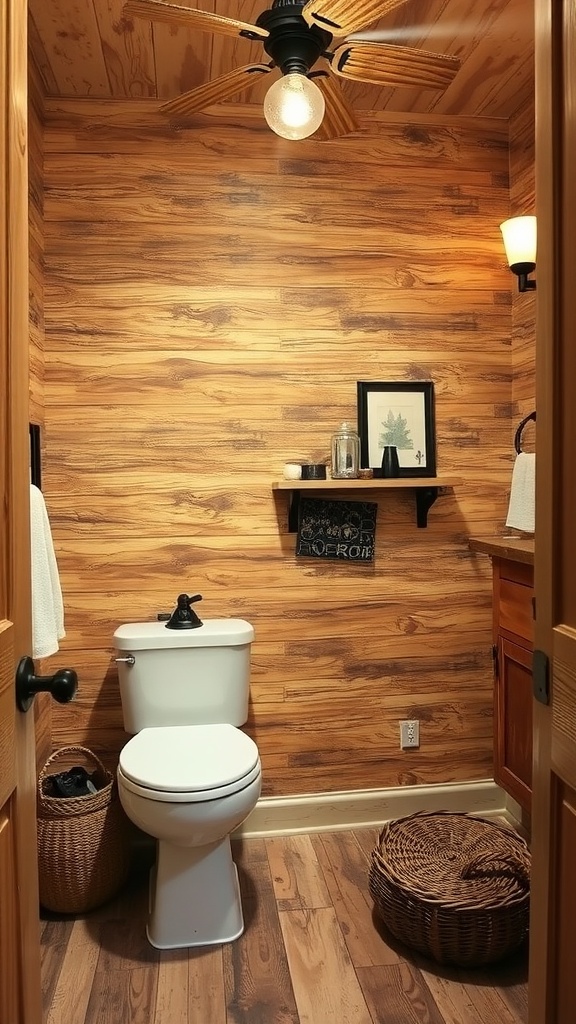 Cozy guest bathroom with natural wood wallpaper and rustic decor elements