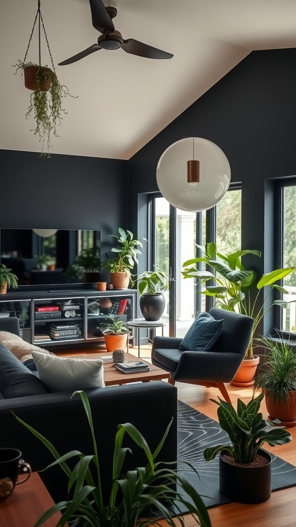 A modern black living room with plants, a sectional sofa, and large windows.