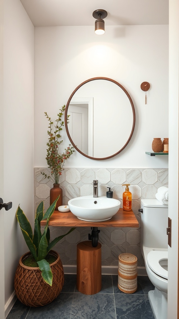 A cozy guest bathroom featuring a wooden sink countertop, round mirror, and potted plants, showcasing a nature-inspired design.