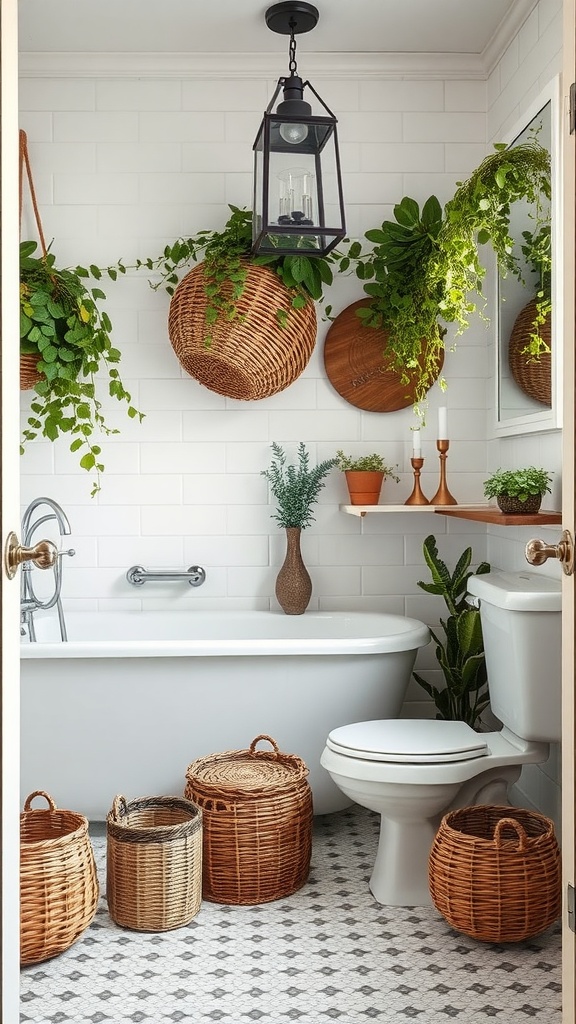 Vintage farmhouse bathroom with hanging plants, woven baskets, and a cozy atmosphere.