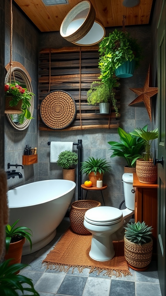 A rustic farmhouse bathroom featuring plants, wooden accents, and a warm color palette.