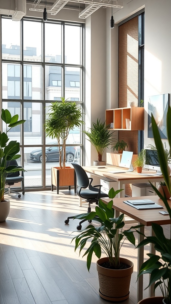 Bright modern home office with large windows and plants