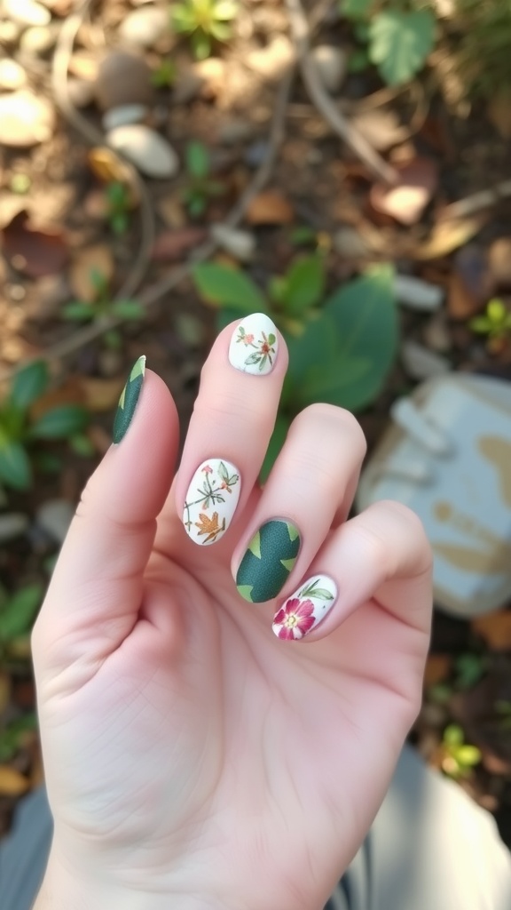 A close-up view of a hand showing a nature-inspired nail design with floral and leafy patterns.