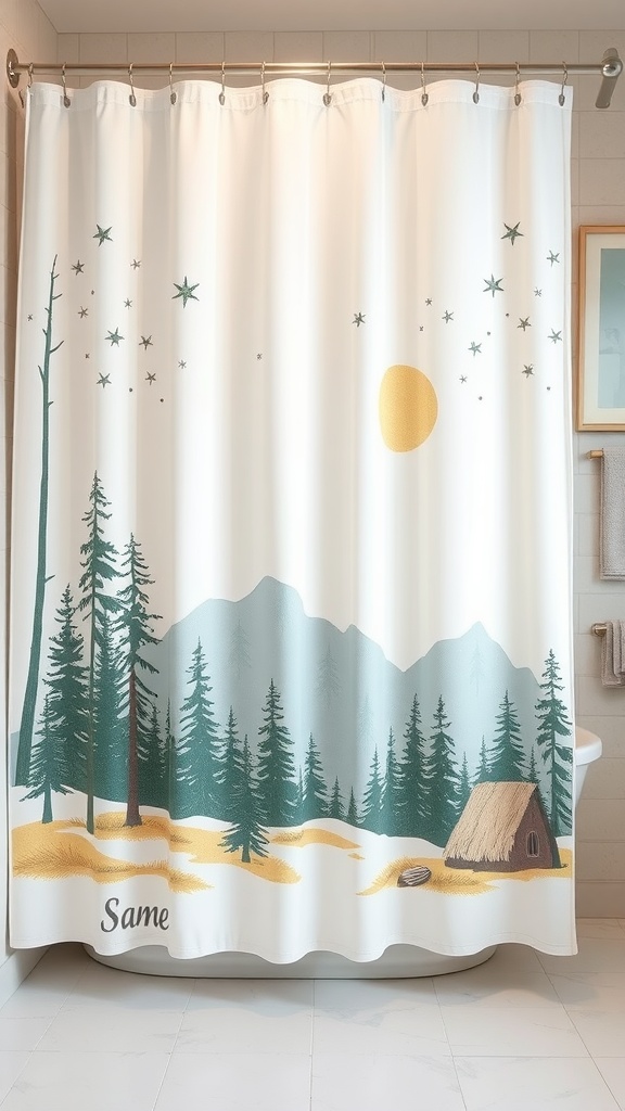 A nature-inspired shower curtain featuring trees, mountains, and a sun