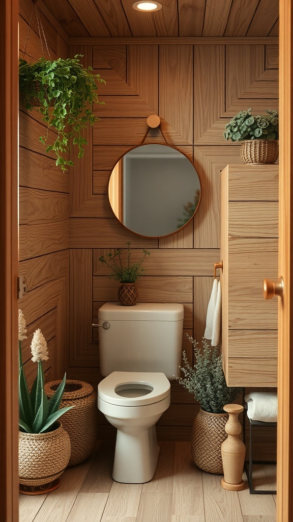 A cozy half bathroom featuring wooden paneling, hanging plants, and a round mirror.