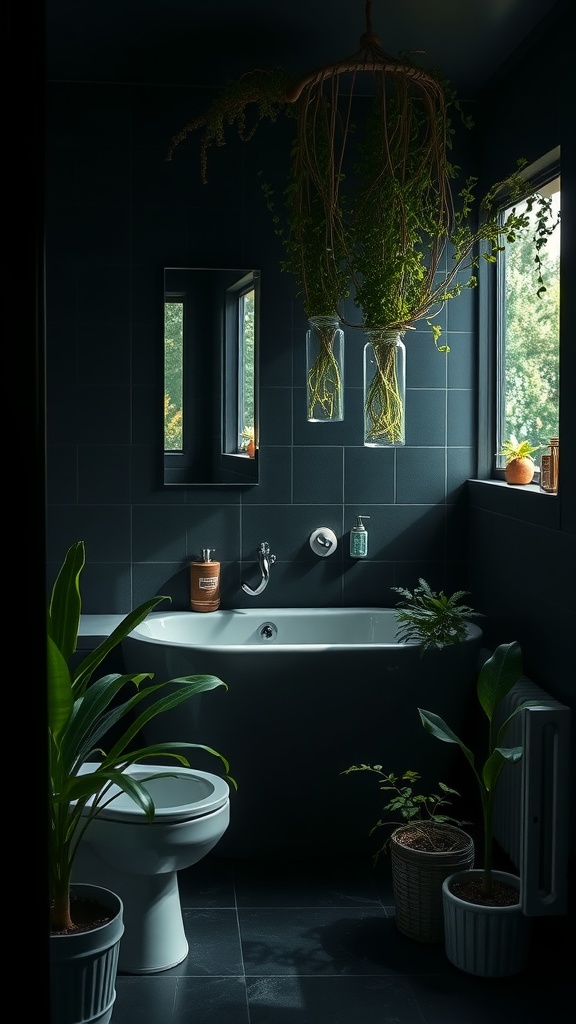 A dark bathroom with plants, featuring a bathtub, mirror, and natural light.