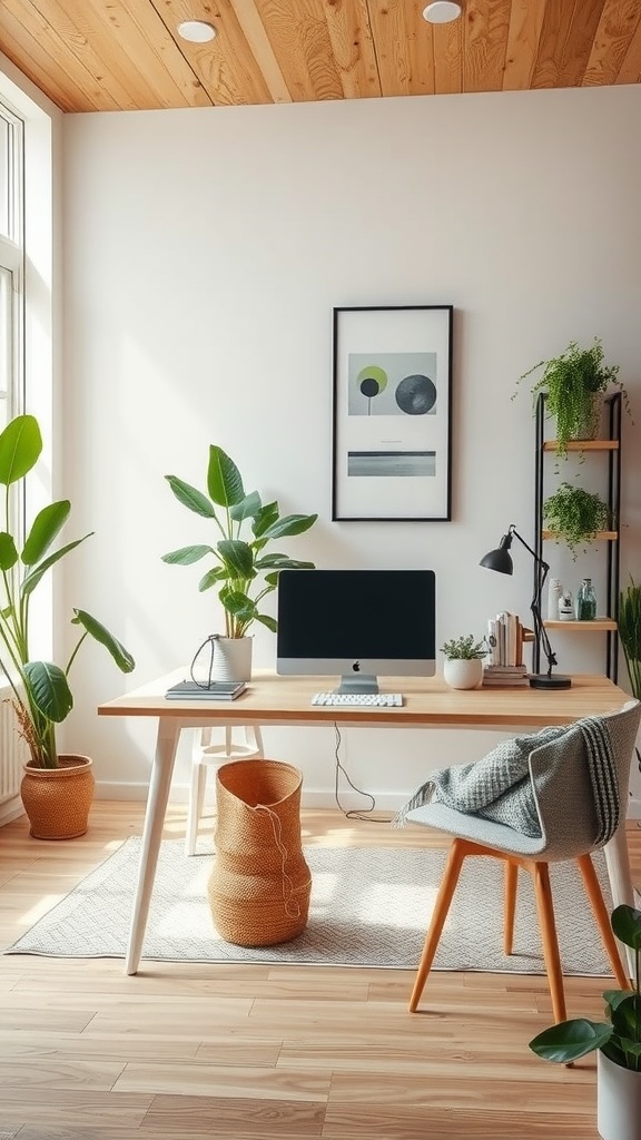 A modern home office with wood ceiling, plants, and contemporary furniture.