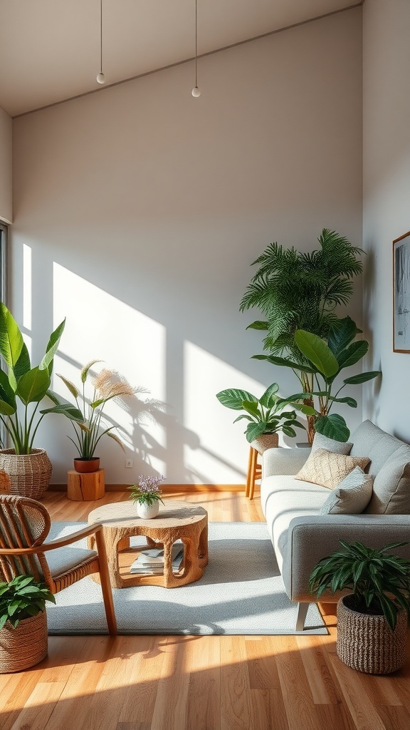 Bright living room with large plants, wooden furniture, and soft furnishings