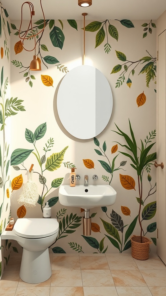A nature-inspired kids bathroom with leaf motifs on the walls, a round mirror, and warm lighting.