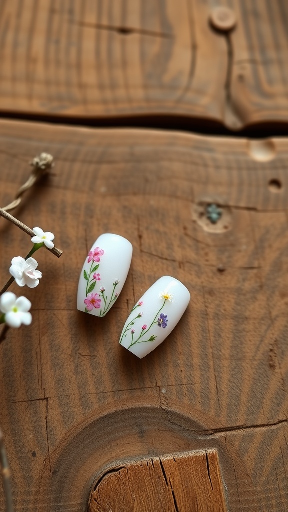 Short white nails with colorful floral designs on a wooden surface.
