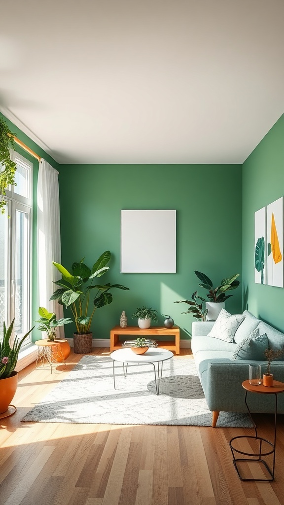 A cozy living room with green walls, light furniture, and various indoor plants.