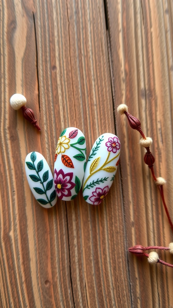 Nature-inspired nail art with floral and leafy designs on a wooden surface