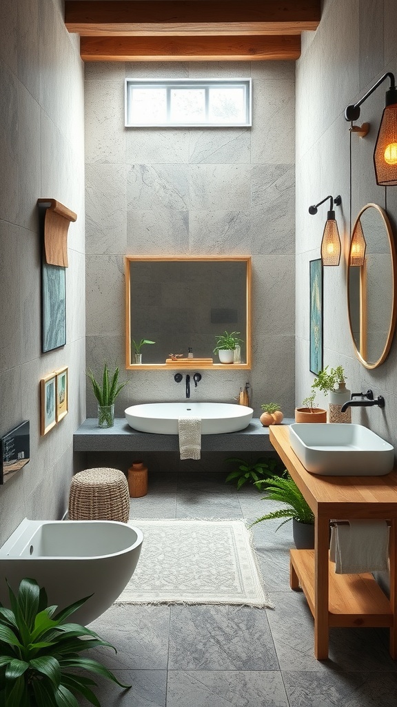 A stylish, nature-inspired bathroom with plants, a freestanding tub, and wooden accents.