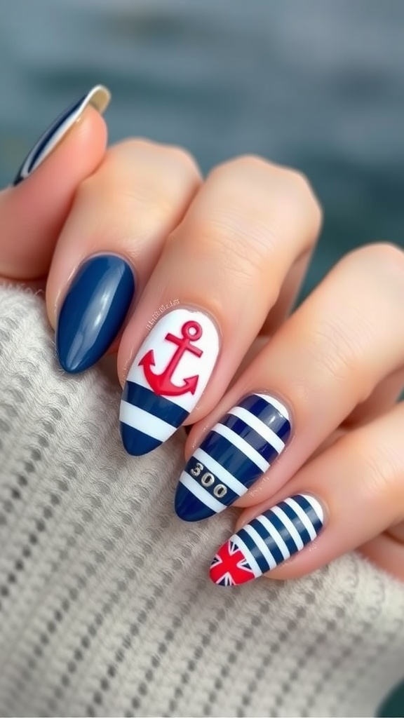 Nautical-themed almond nails with navy blue and white stripes, an anchor design, and a Union Jack.