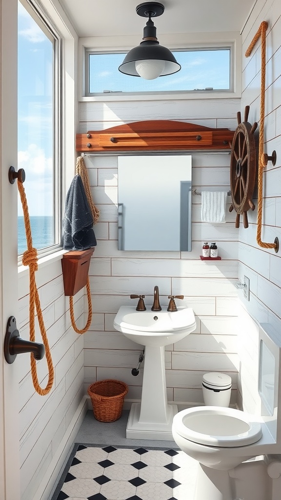 A coastal bathroom featuring nautical-themed fixtures such as a steering wheel, rope towel holder, and vintage light fixture.