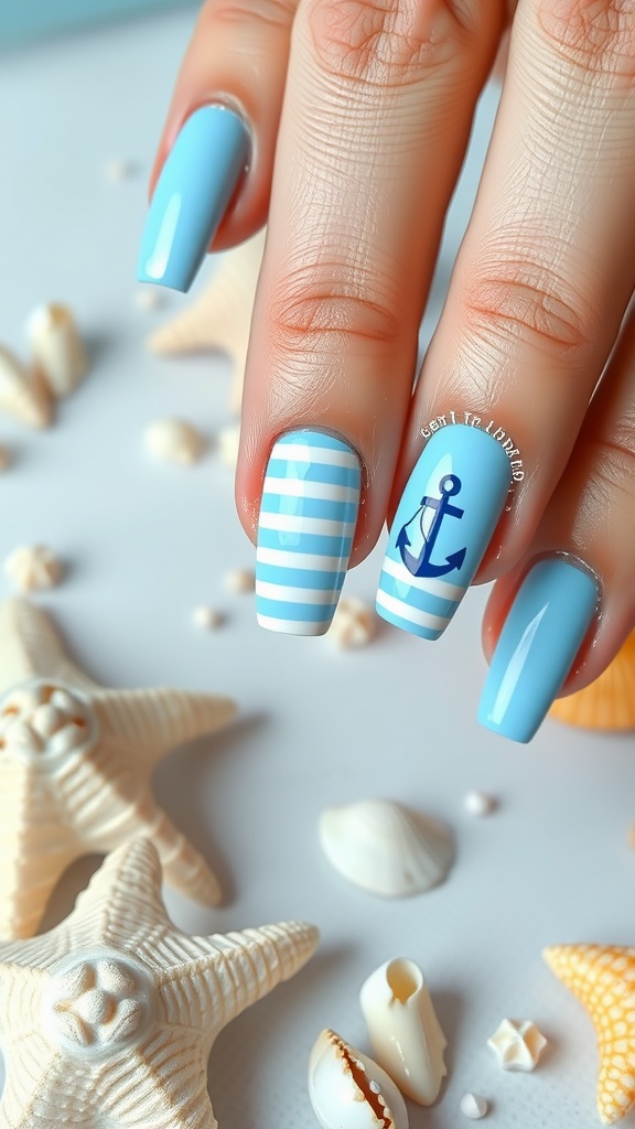 Light blue nails with nautical stripes and an anchor design, surrounded by seashells and starfish.