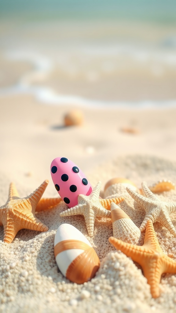 Nautical inspired pink polka dot nails surrounded by seashells and starfish on a sandy beach