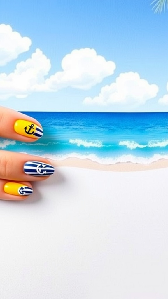 Nautical inspired yellow almond nails with striped patterns and anchor designs