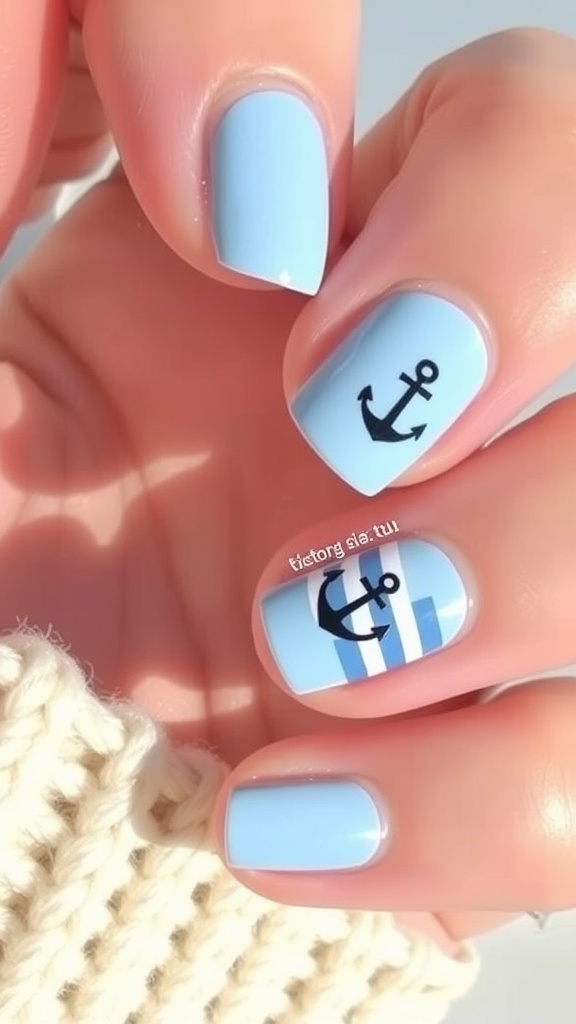 Light blue nails with black anchor designs and nautical stripes