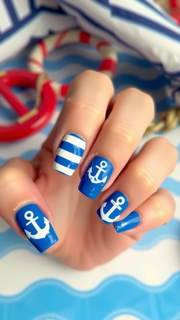 Nail design featuring blue nails with white anchors and striped patterns, set against a nautical backdrop.