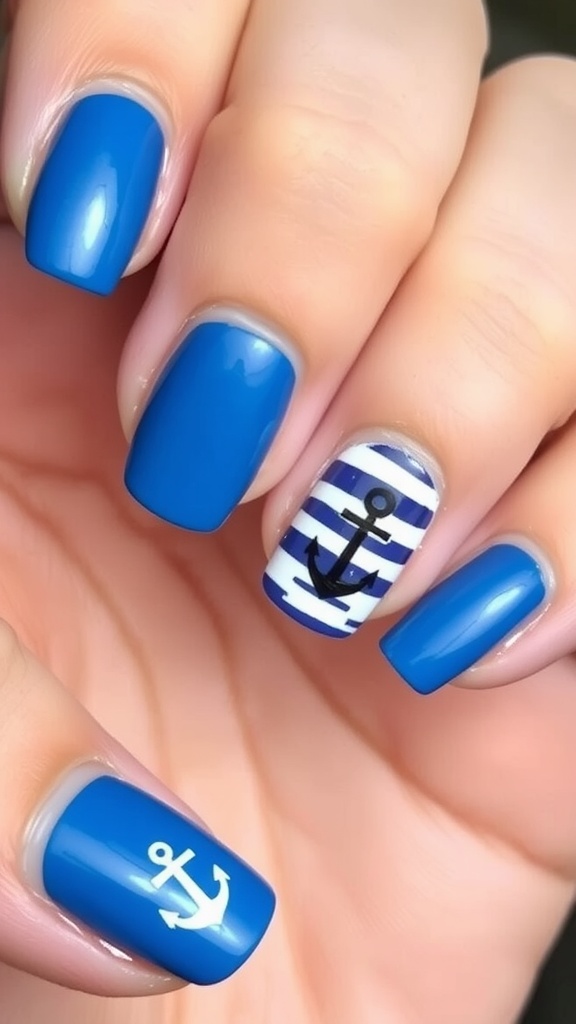 Close-up of blue nautical-themed nails with stripes and anchors