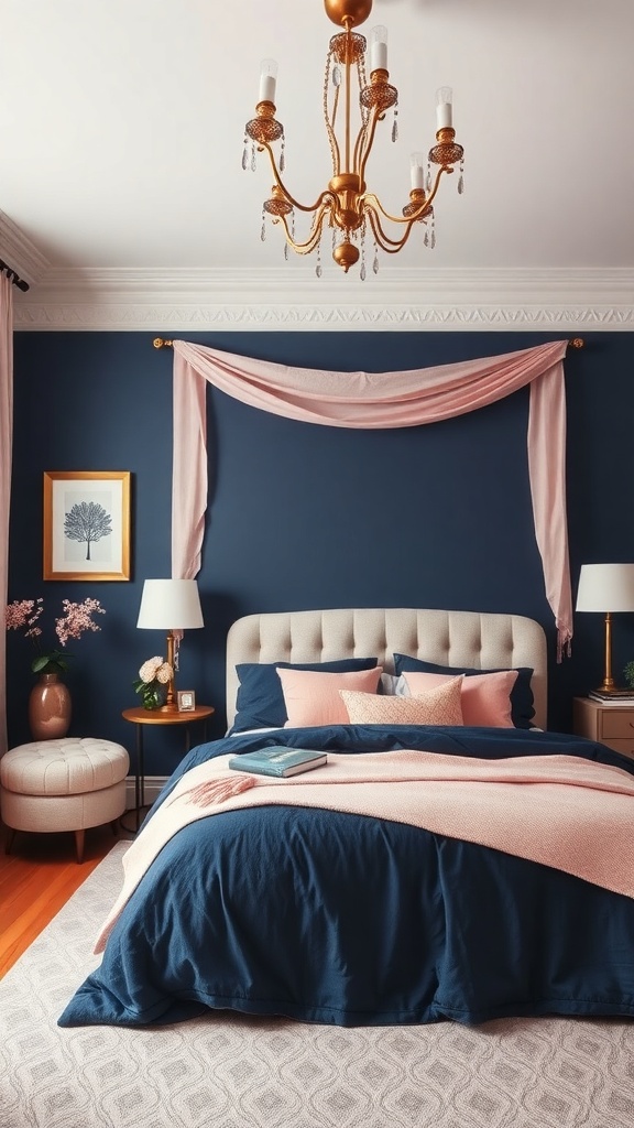 A navy blue bedroom with blush pink accents, featuring a chandelier and cozy bedding.