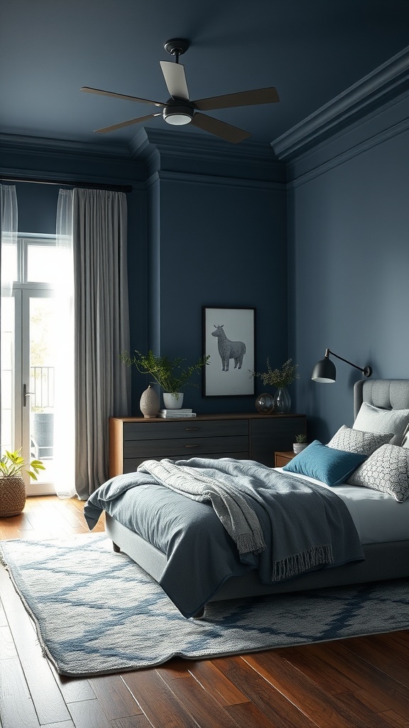 A sophisticated navy blue bedroom with gray accents, featuring a bed, dresser, and large windows.