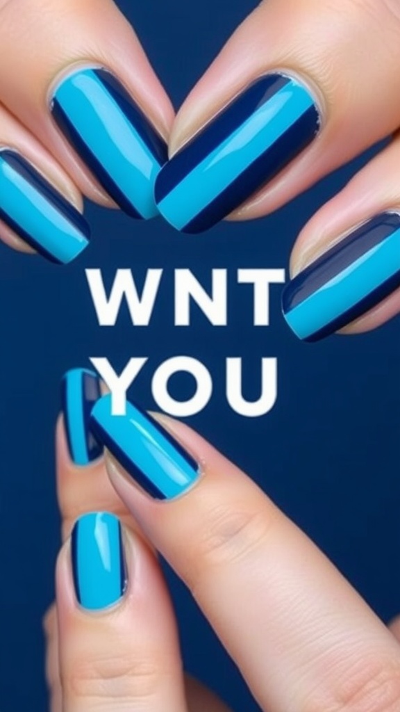 Navy and sky blue striped nails with a glossy finish