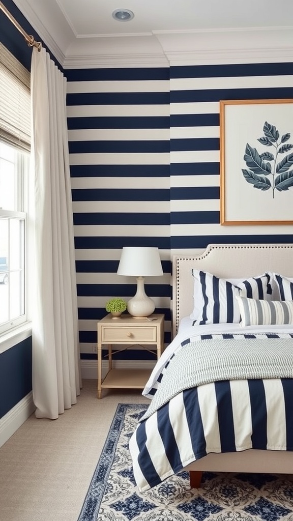 A navy blue and white striped bedroom featuring a bed with striped bedding, a nightstand, and a window with curtains.
