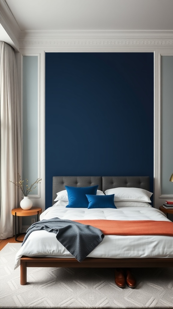 A bedroom featuring a navy blue accent wall with a bed and decorative pillows.