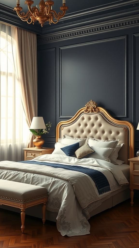 A luxurious navy blue bedroom featuring a gold chandelier, elegant bedding, and stylish decor.