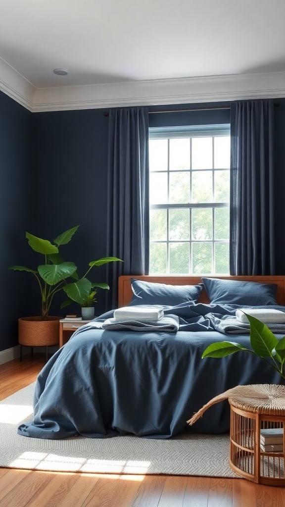 A navy blue bedroom featuring a bed with blue bedding, green plants, and large windows.