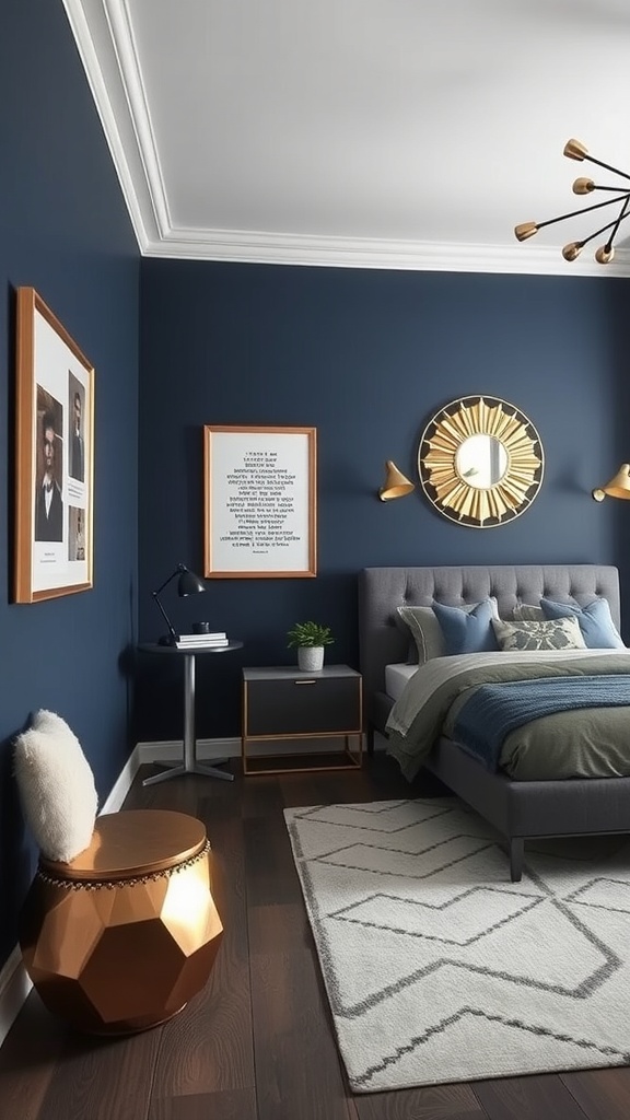 A navy blue bedroom featuring metallic accents, including a gold side table and light fixtures.