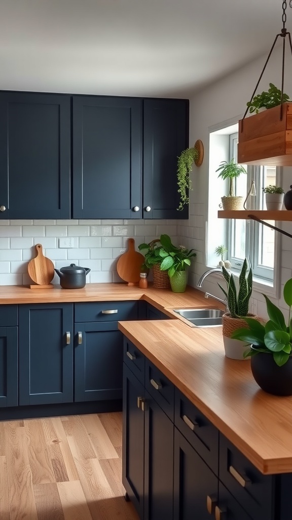 A modern kitchen featuring navy blue cabinets with wooden countertops and green plants.