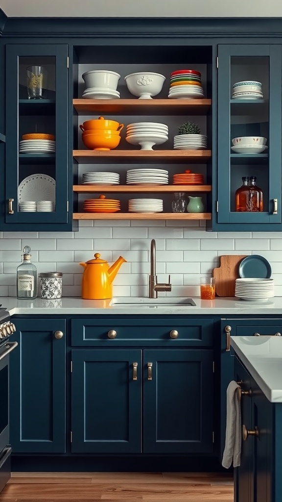 A kitchen featuring navy blue cabinets with open shelving displaying colorful dishware.