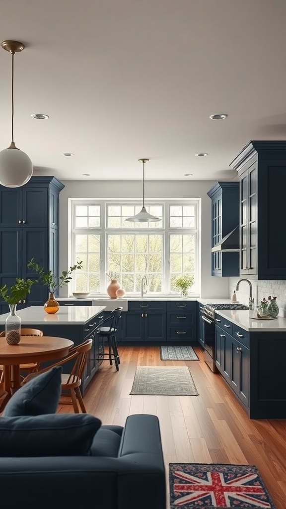 A stylish kitchen featuring navy blue cabinets, a wooden dining table, and large windows allowing natural light.