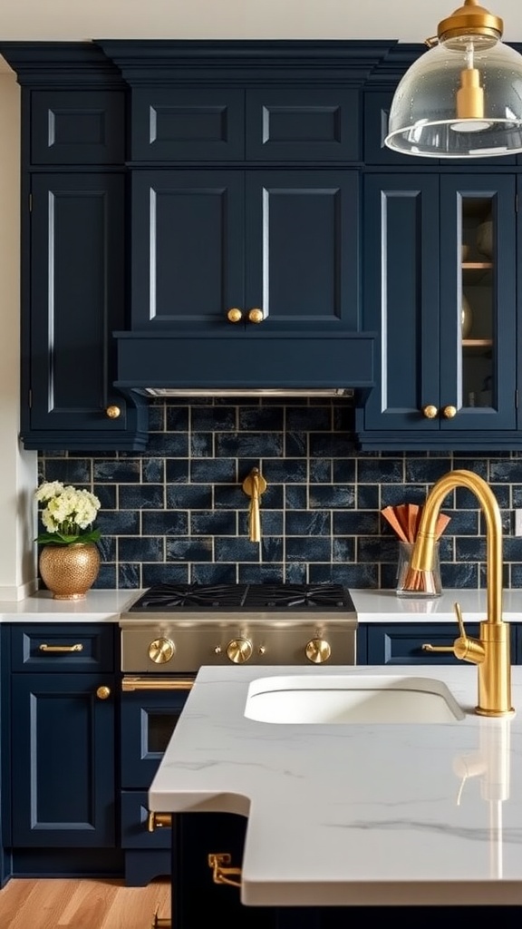 A kitchen featuring navy blue cabinets with gold accents, including a gold faucet and knobs, paired with a white countertop.
