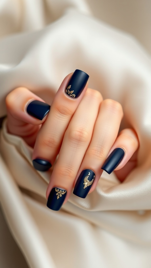 Close-up of navy blue French tip nails with gold foil accents on a soft background.