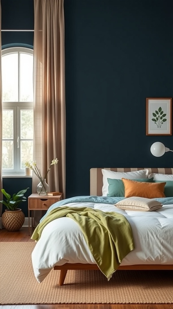 A navy blue bedroom featuring earthy tones with a cozy bed, warm green throw, and natural decor.