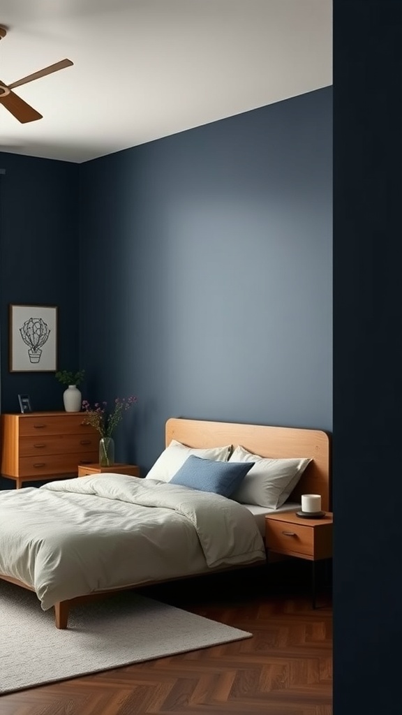 A cozy navy blue bedroom featuring warm wood furniture and a simple bed setup.
